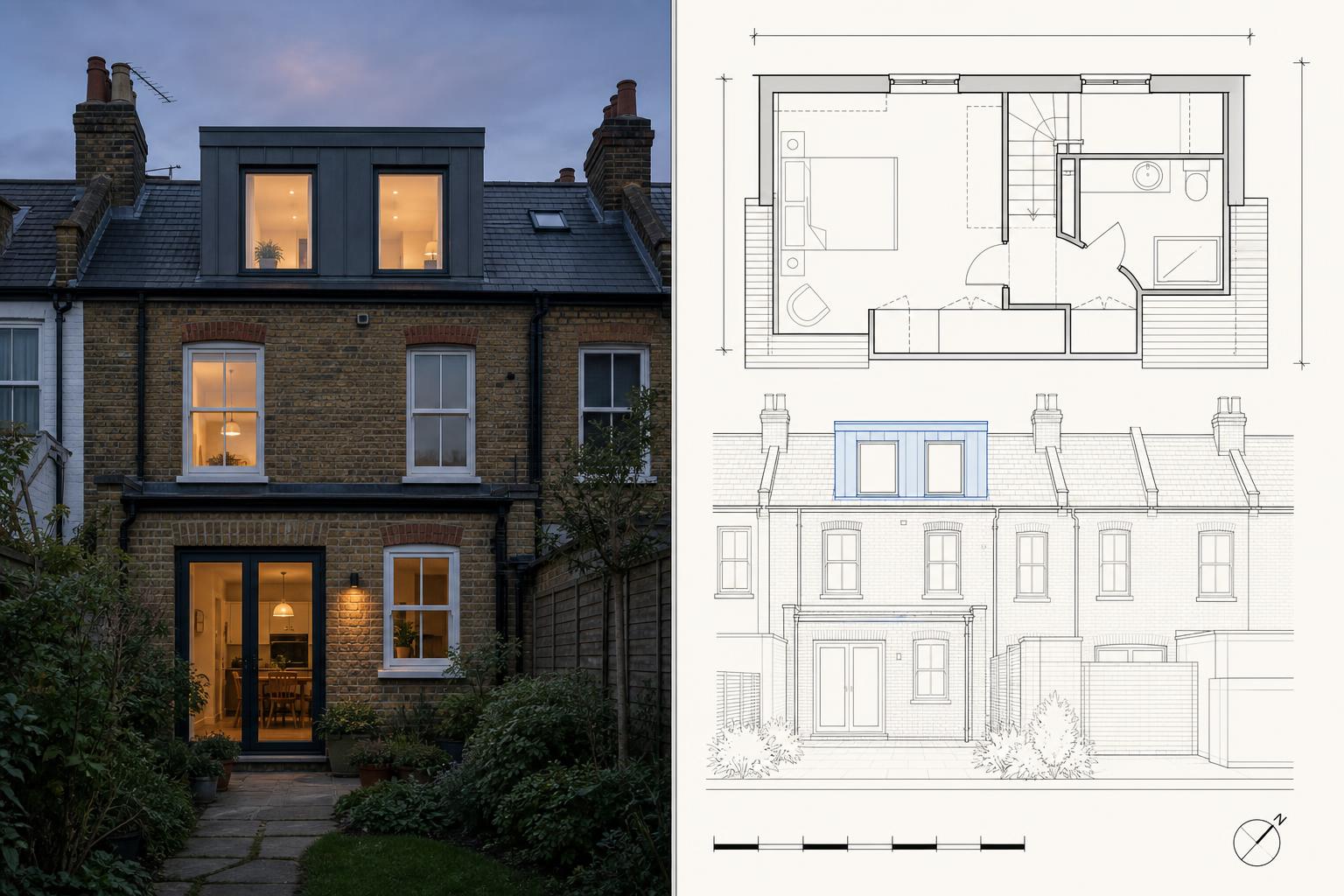 Loft Conversion — photo alongside proposed planning drawings
