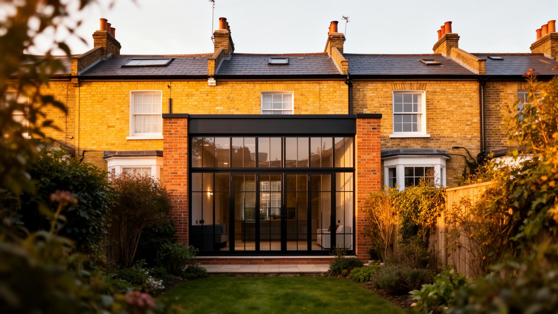 Victorian London terraced house with modern glass and brick rear extension at golden hour