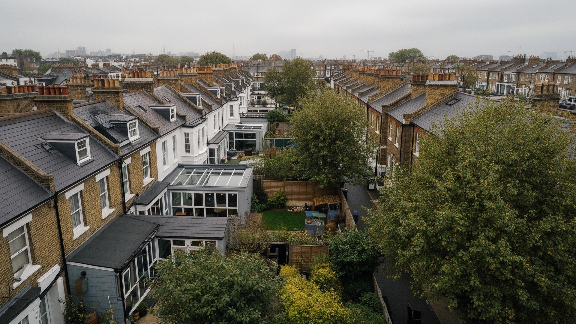 Aerial view over London terraced rooftops, chimney pots and rear garden extensions